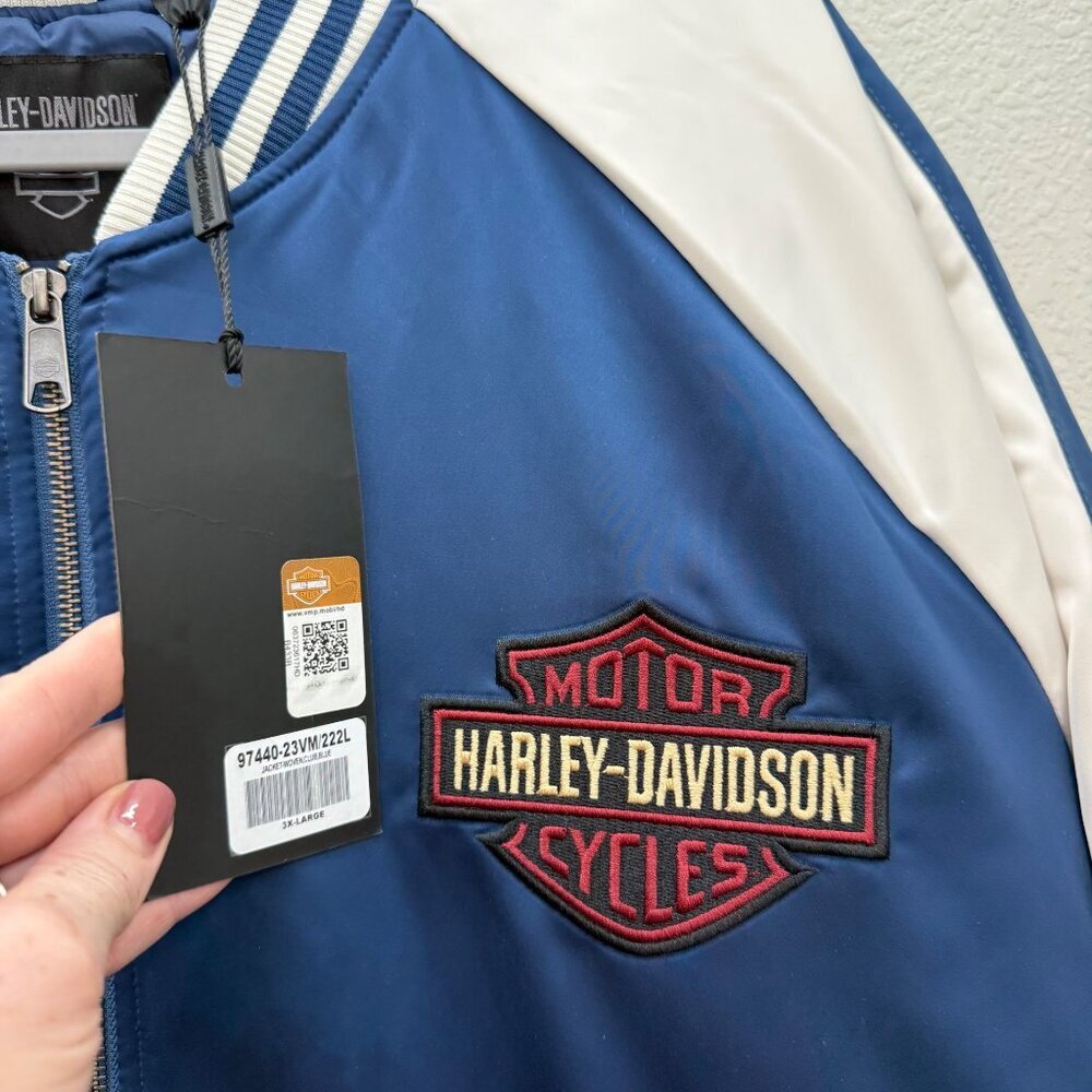 Harley Davidson Ensign Blue White Club Crew Satin Bomber Jacket Mens size 3XL - Picture 3 of 15